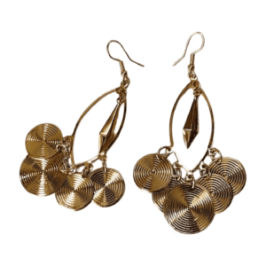 Gold-Plated Spiral Disc Drop Earrings, 7.5 cm Chandelier Design with Fish Hook Closure, Metal E02