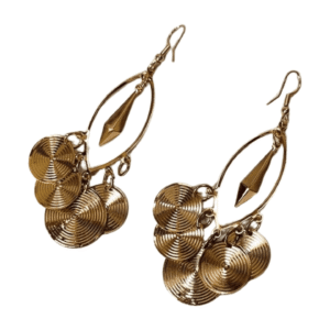 Gold-Plated Spiral Disc Drop Earrings, 7.5 cm Chandelier Design with Fish Hook Closure, Metal E02