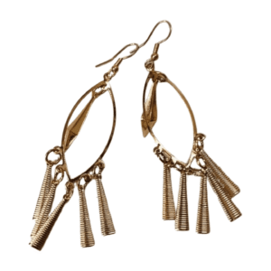 Gold-Plated Chandelier Drop Earrings, 7.5 cm Length, Oval Hoop with Geometric Pendant and Cascading Leaf Charms, Fish Hook Closure E06