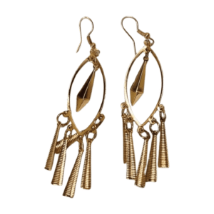 Gold-Plated Chandelier Drop Earrings, 7.5 cm Length, Oval Hoop with Geometric Pendant and Cascading Leaf Charms, Fish Hook Closure E06