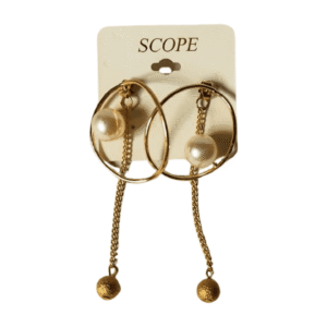 Gold-Tone Pearl Drop Earrings with Chain and Sphere Detail, Hoop Design scope 01